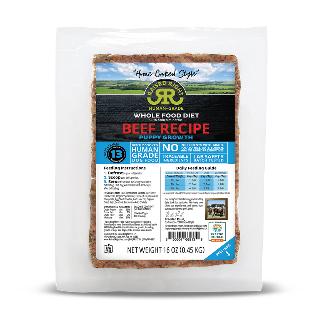 Raised Right Dog Frozen Puppy Growth Beef 1lb
