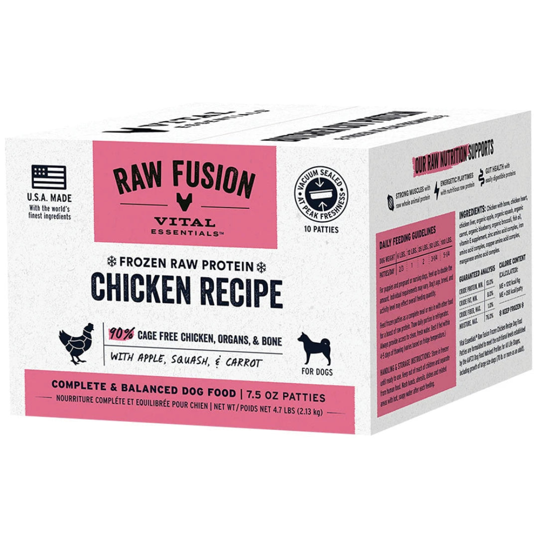 Vital Essentials Dog Raw Fusion Frozen Raw Grain Free Chicken Recipe Patties - 10 Individually Wrapped 7.5oz Patties - 4.7lbs