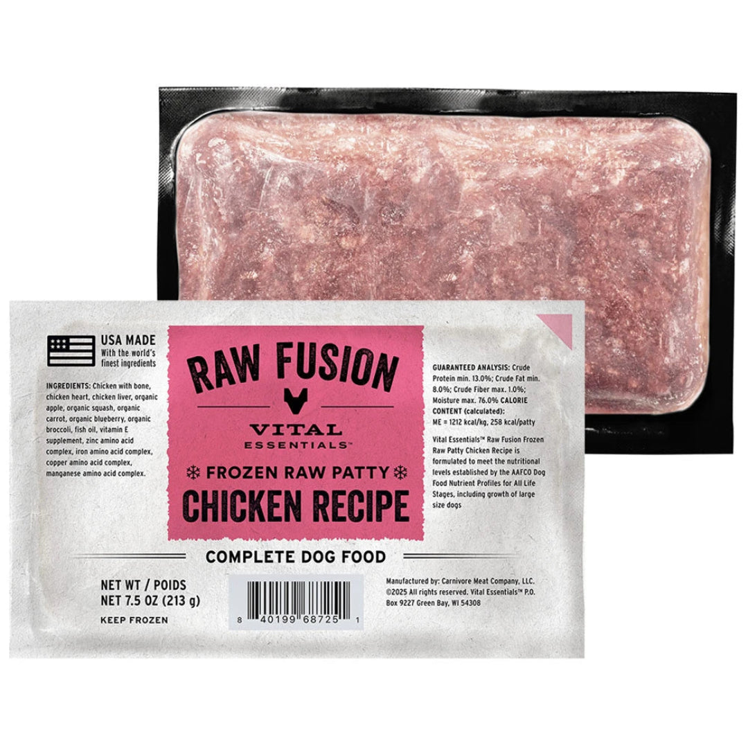Vital Essentials Dog Raw Fusion Frozen Raw Grain Free Chicken Recipe Patties - 10 Individually Wrapped 7.5oz Patties - 4.7lbs