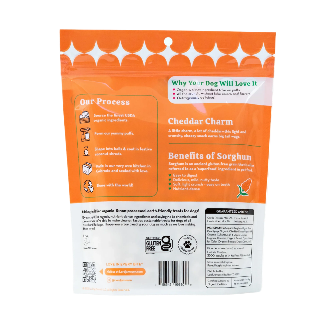 Lord Jameson Dog Love Puffs Organic Treats Cheddar Charm 4oz